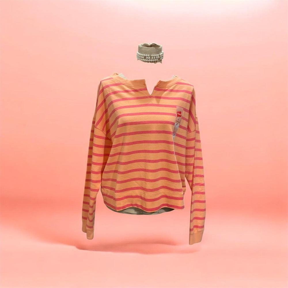 Hanes Pink and Peach Striped V-Notch Long-Sleeve Top